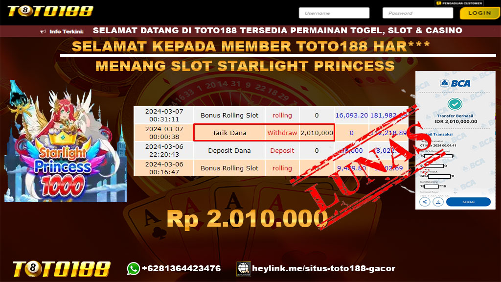 Bukti Jp Kemenangan Starlight Princess Toto188 7 Maret 2024