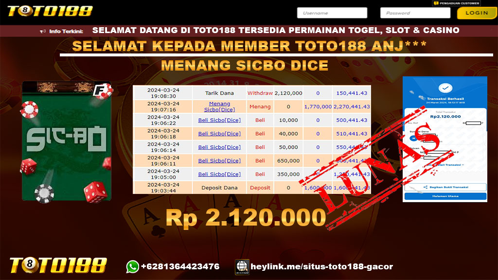 Bukti Jp Kemenangan sicbo dice toto188 24 maret 2024