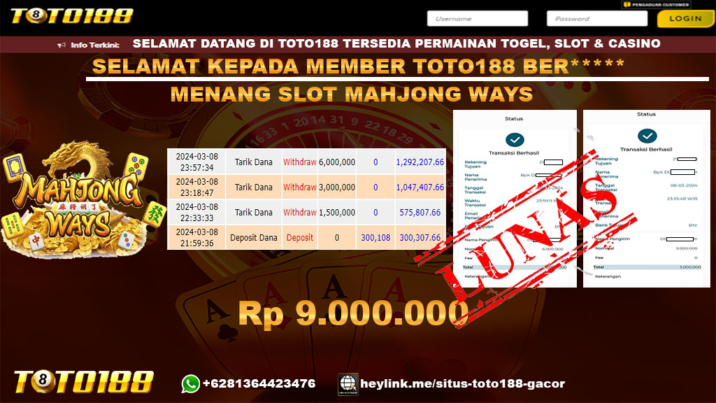 Bukti Jp Kemenangan Mahjong Ways toto188 8 Maret 2024