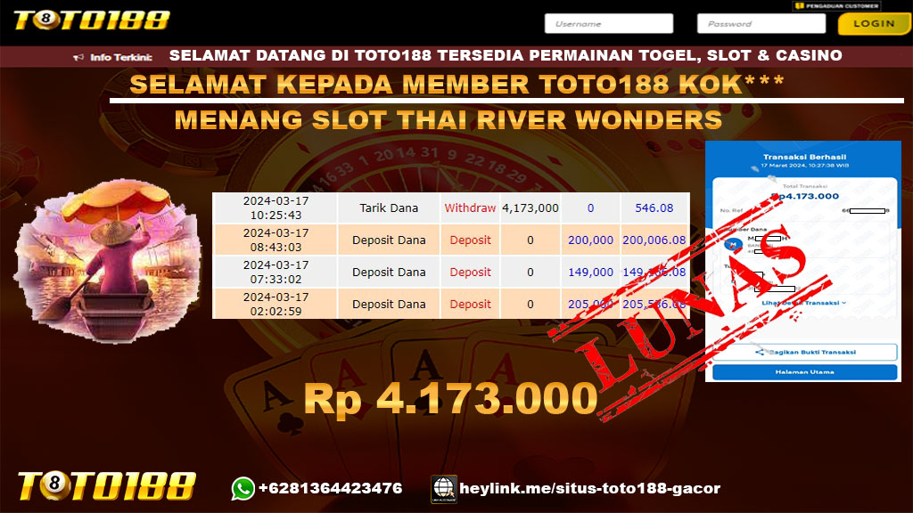 Bukti jp Kemenangan Thai Rivers Wonder 17 Maret 2024