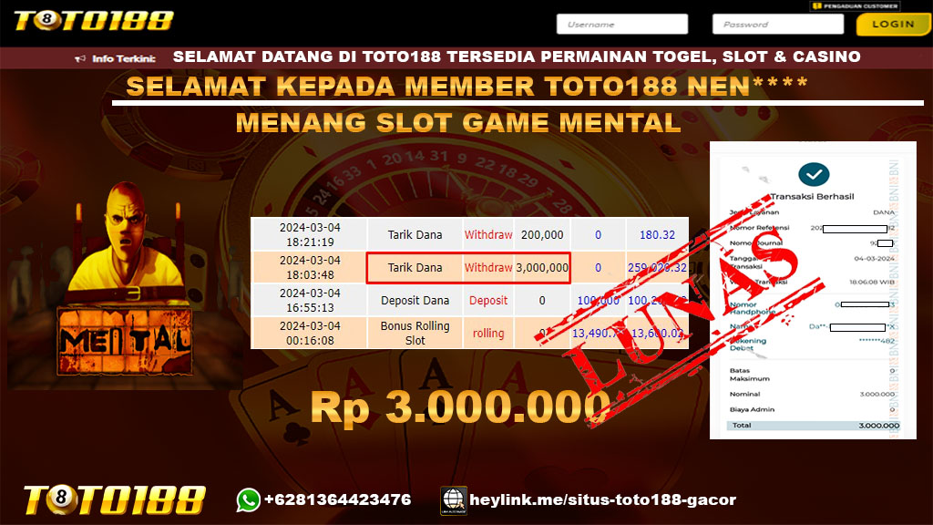 Bukti Jp Kemenangan Toto188 Slot game mental 04 maret 2024