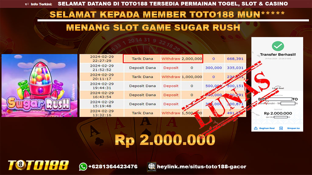 Bukti Kemenangan Toto188 Sugar Rush 29 Februari 2024