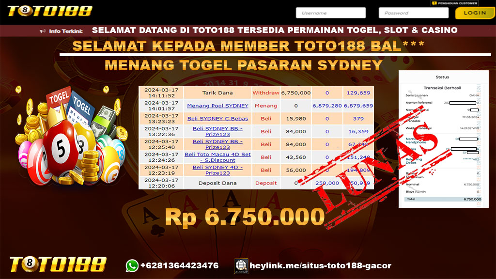 Bukti Jp KEmenangan Togel Pasaran Sydney Toto188 17 Maret 2024