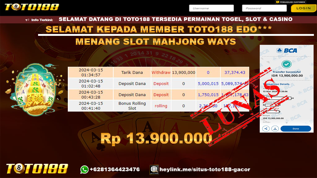 Bukti Jp Kemenangan Slot Mahjong Ways Toto188 15 Maret 2024