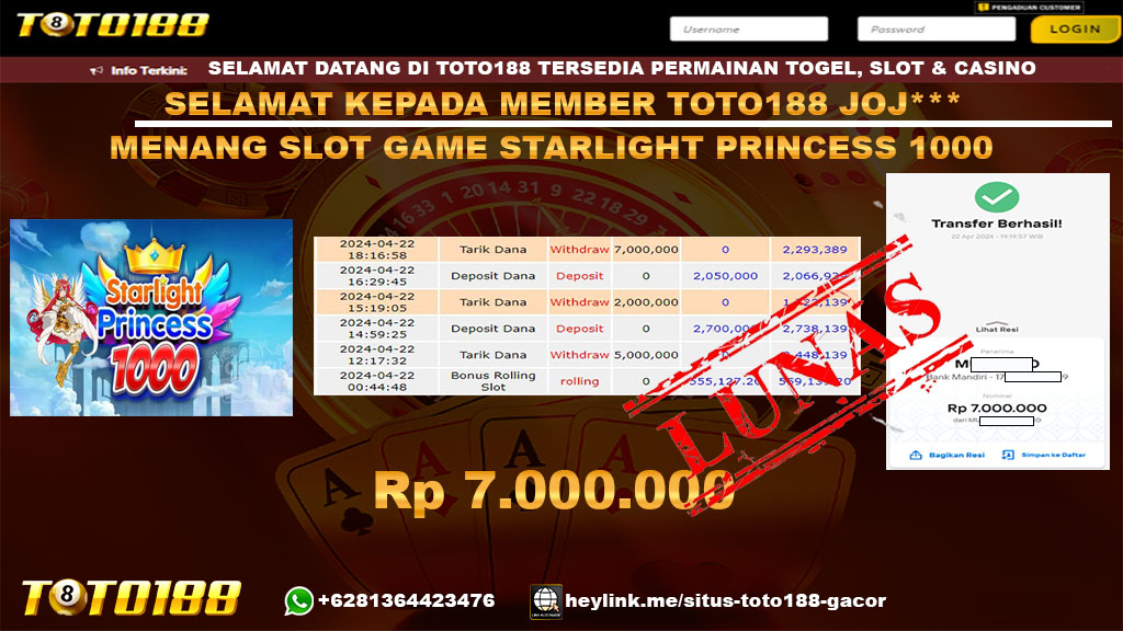 Bukti Jp Kemenangan Starlight Princess 1000 22 April 2024