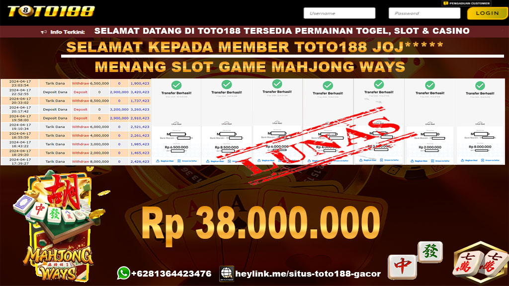 Bukti Jp Kemenangan Slot Game Mahjong Ways Toto188 17 April 2024