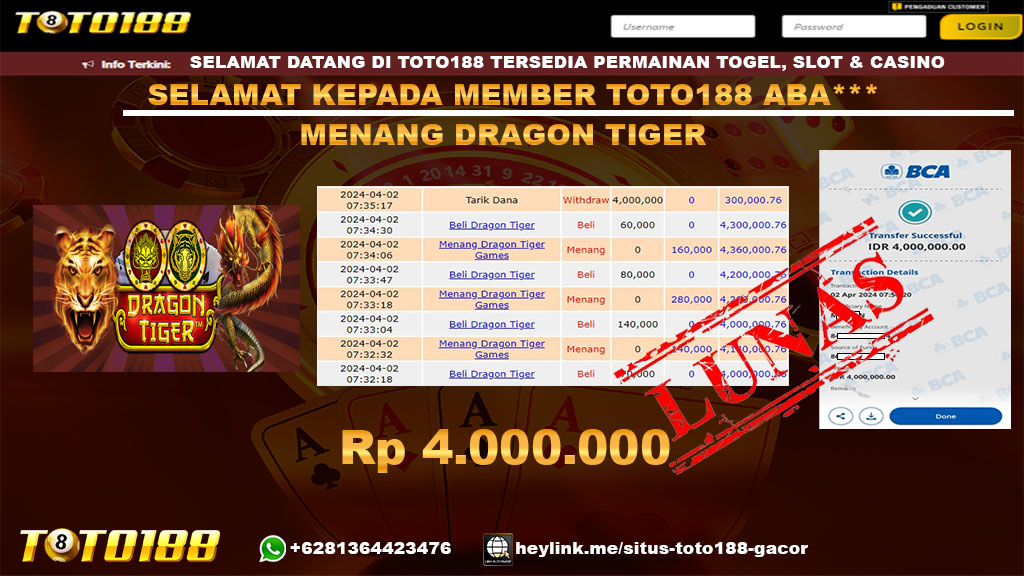 Bukti Jp Kemenangan Dragon Tiger 02 April 2024