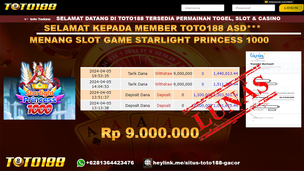 Bukti Jp Kemenangan Starlight Princess 1000 Toto188 05 April 2024