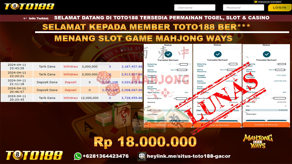Bukti Jp Kemenangan Mahjong Ways Toto188 11 April 2024