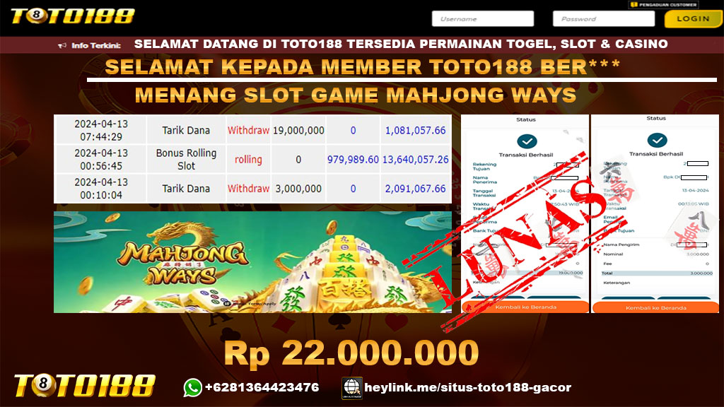Bukti Jp kemenangan Mahjong Ways Toto188 13april2024