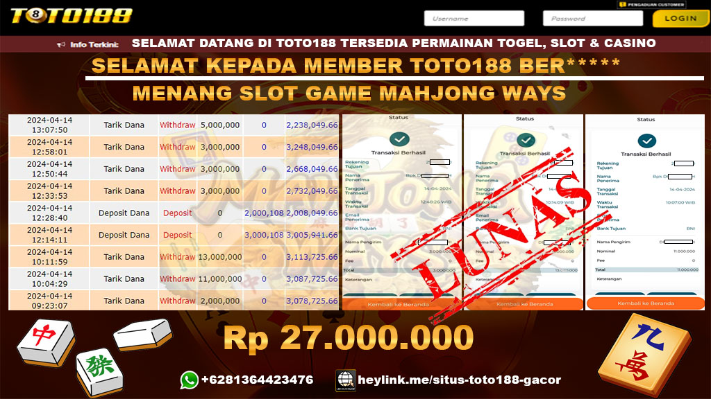 Bukti Jp Kemenangan Slot Mahjong Ways Toto188 14 April 2024