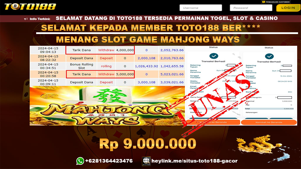 Bukti Jp Kemenangan Slot Game Mahjong Ways Toto188 15 april 2024