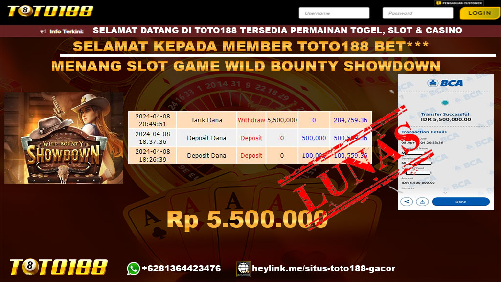 Bukti Jp KEmenangan Wild boundy showdown 8 april 2024