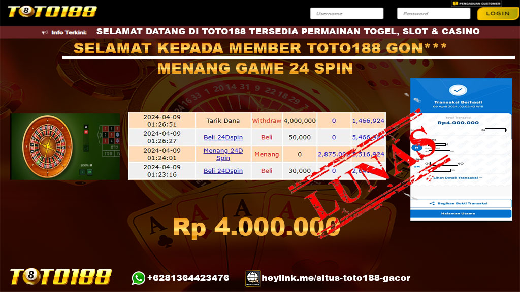 Bukti Jp Kemenangan 24 Spin Toto188 09 April 2024