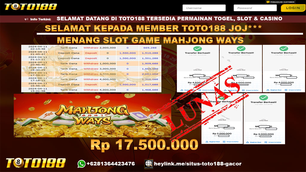Bukti Jp Kemenangan Slot Game Mahjong Ways Toto188 11 April 2024