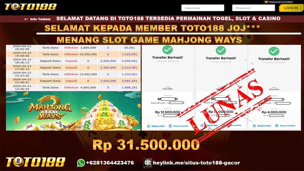 Bukti Jp kemenangan Mahjong Ways Toto188 13 April 2024