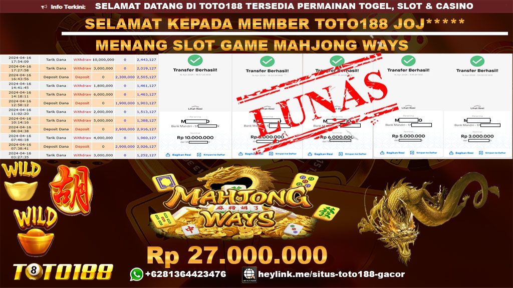 Bukti Jp kemenangan Mahjong ways toto188 16 april 2024