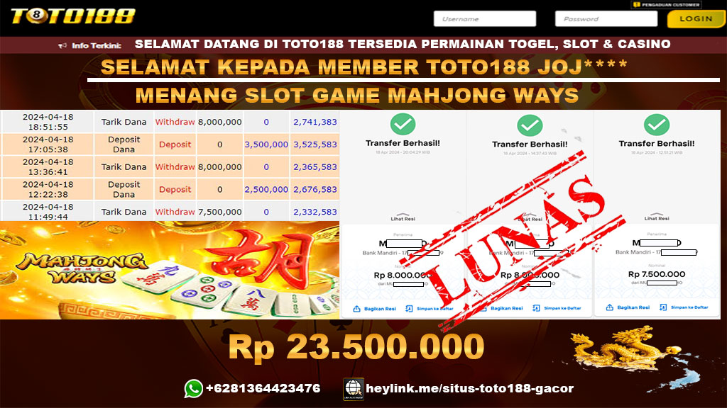 Bukti Jp Kemenangan Mahjong Ways Toto188 18 April 2024