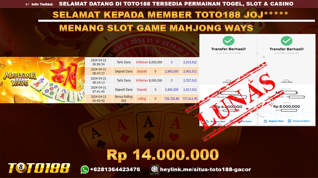 Bukti Jp Kemenangan Mahjong Ways Toto188 21 April 2024