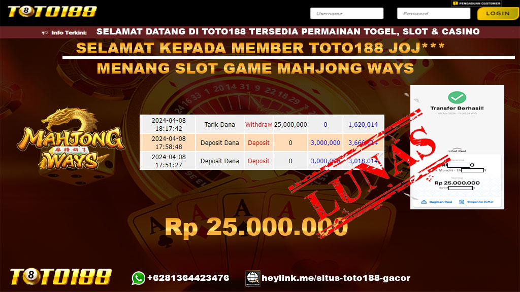 Bukti Jp Kemenangan Mahjong Ways Toto188 08 April 2024