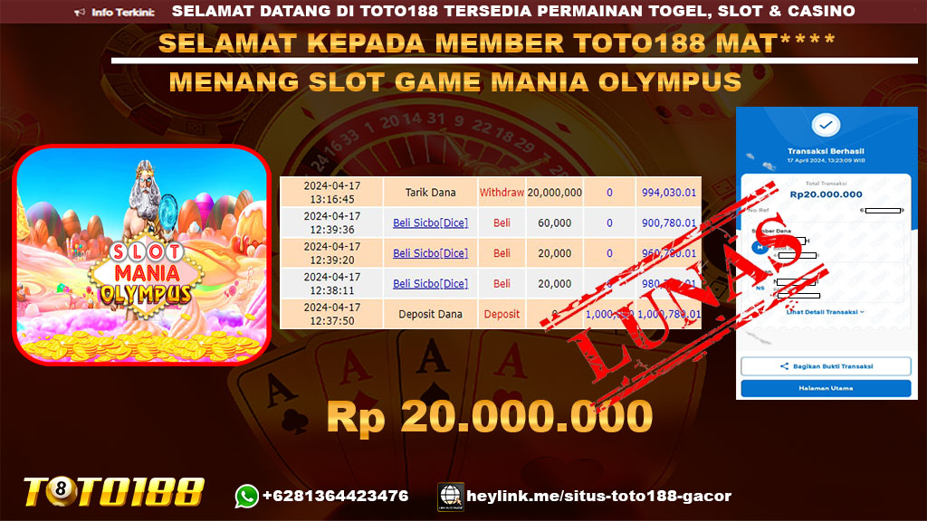 Bukti Jp Kemenangan Slot Game Olympus Toto188 17 April 2024