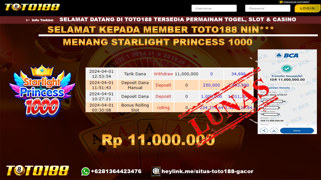 Bukti Jp Kemenangan Starlight Princess 1000 Toto188 01 April 2024