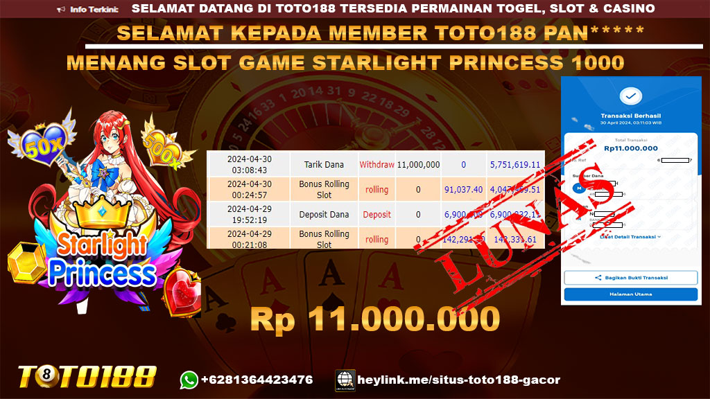 Bukti Jp Kemenangan Starlight Princess 1000 Toto188 30 April 2024