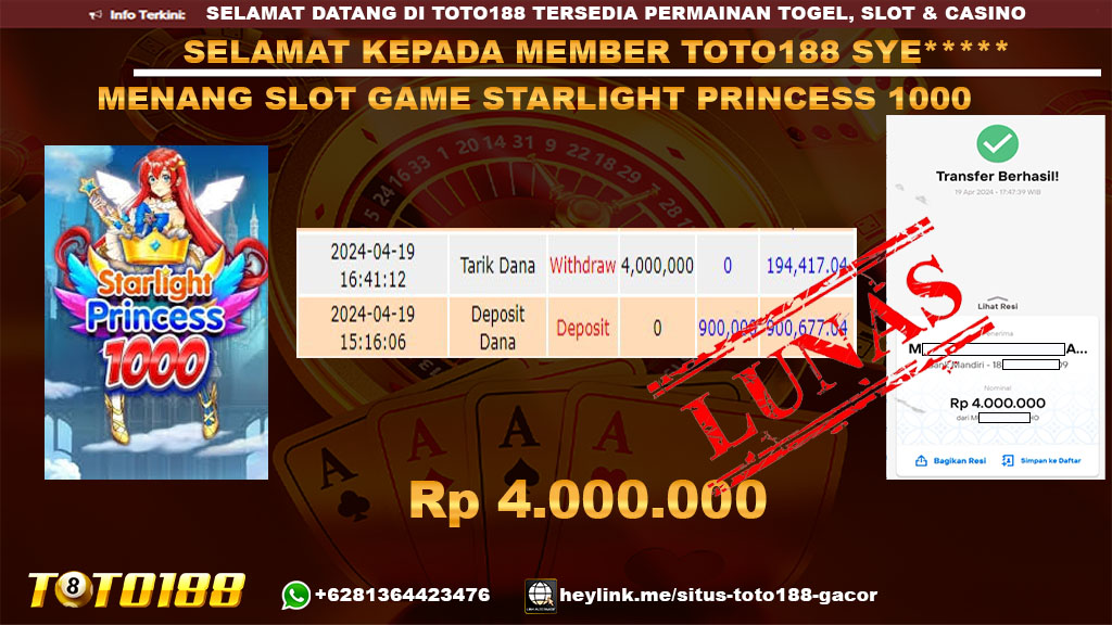 Bukti Jp Kemenangan Starlight Princess 1000 19 April 2024
