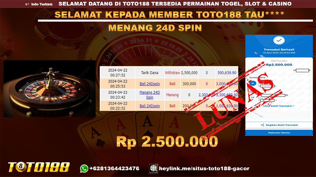 Bukti Jp Kemenangan 24D SPIN Toto188 22 April 2024