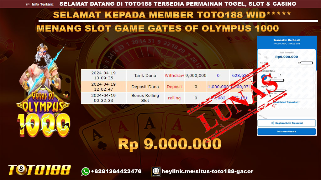 Bukti Jp Kemenangan GAtes of olympus 1000 19 April 2024