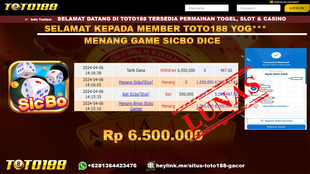 Bukti Jp kemenangan Game Sicbo Dice toto188 06 April 2024