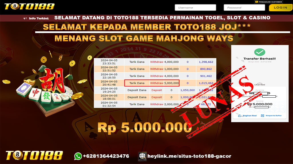 Bukti Jp Kemenangan Mahjong Ways Toto188 05 April 2024