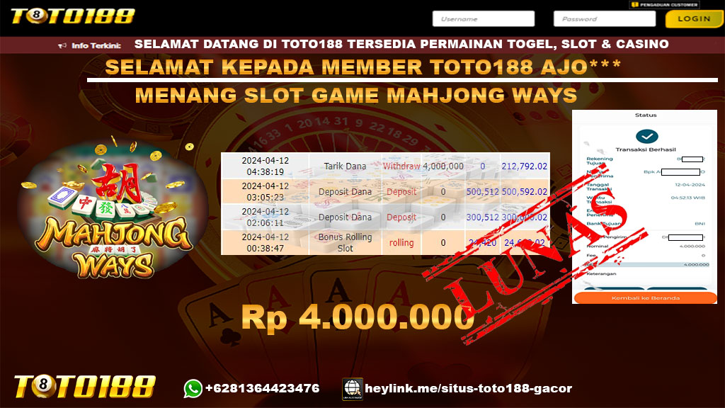 Bukti Jp kemenangan Mahjong ways toto188 12 April 2024