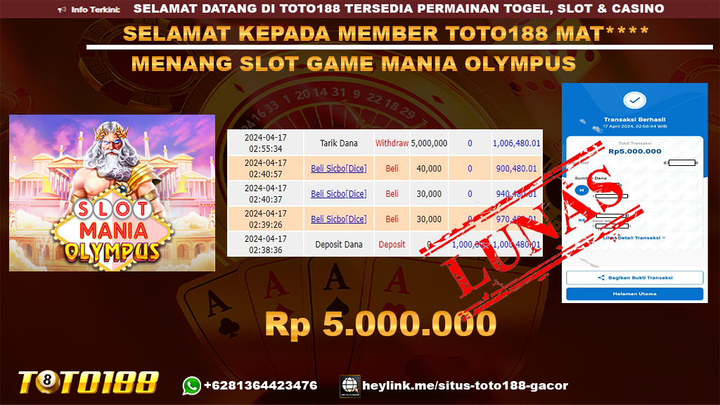 Bukti Jp Kemenangan Slot Mania Olympus Toto188 17 April 2024