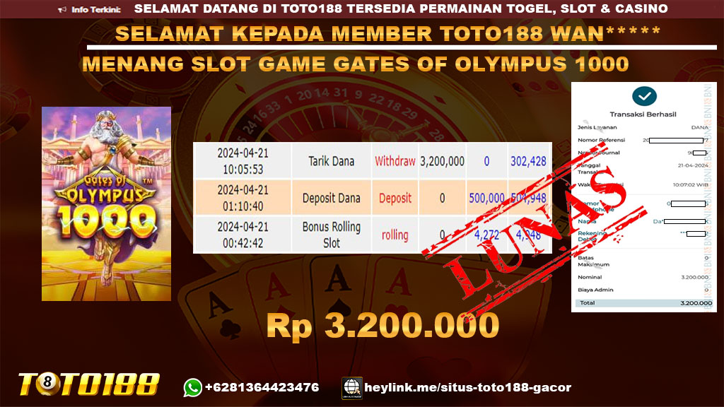 Bukti Jp Kemenangan Gates Of Olympus 1000 Toto188 21 April 2024