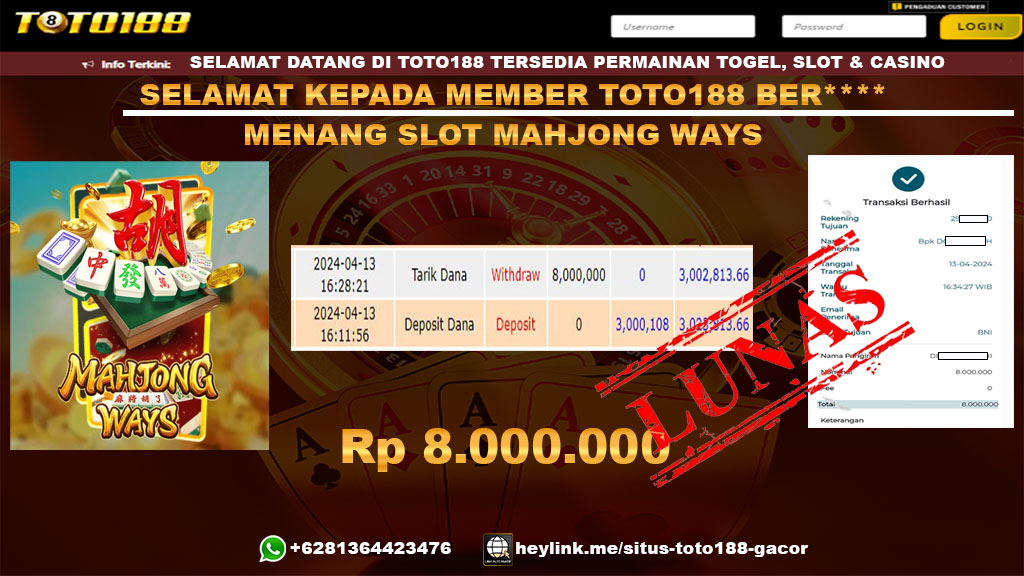 Bukti Jp kemenangan mahjong ways toto188 13 april 2024