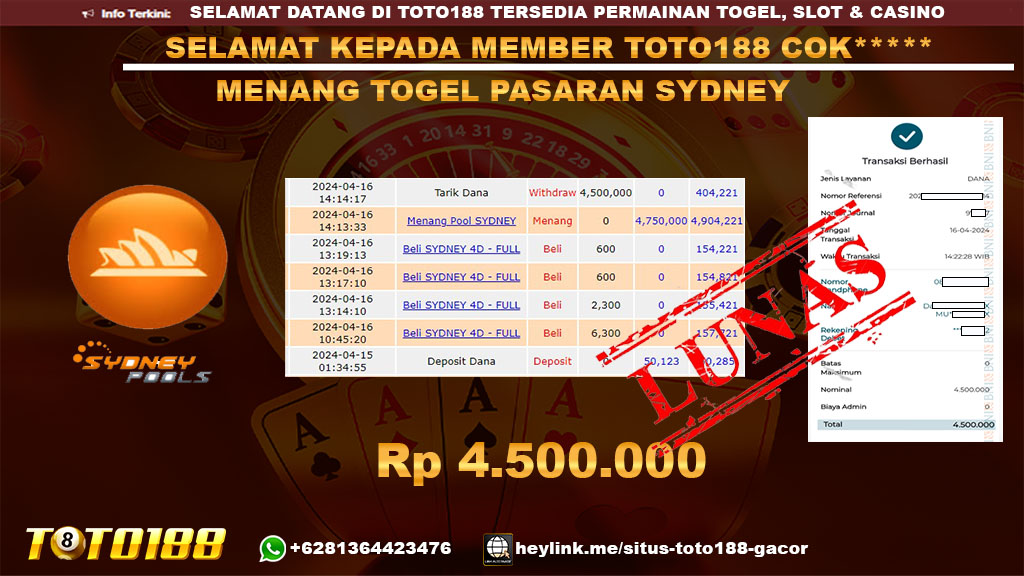 Bukti Jp Kemenangan Togel Pasaran Syddeny Toto188 16 April 2024