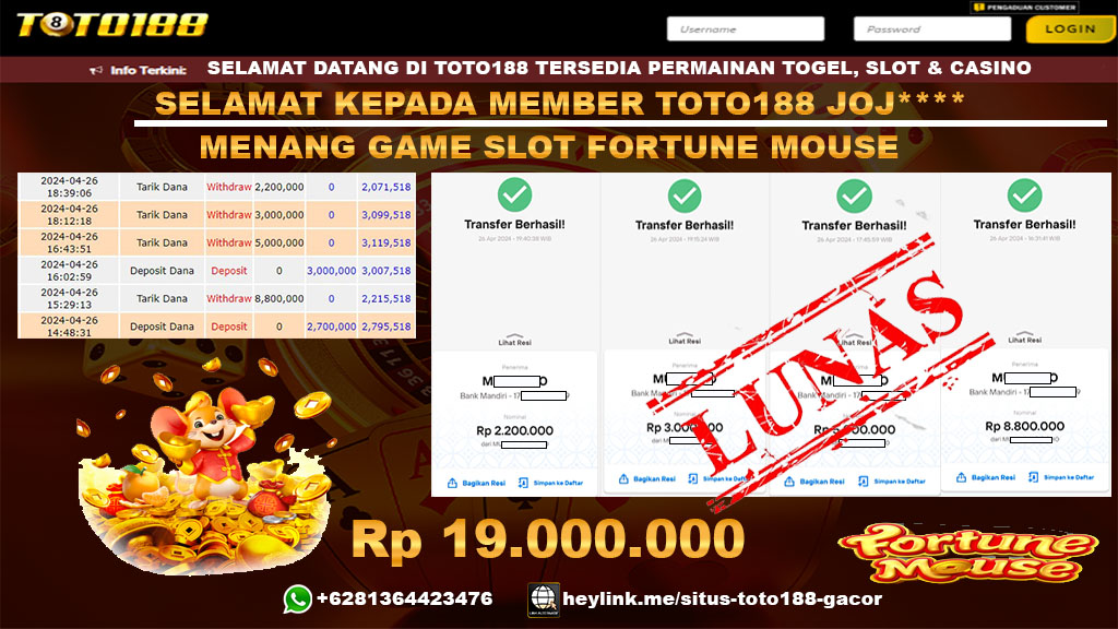 Bukti Jp kemenangan Fortune mouse toto188 26 april 2024