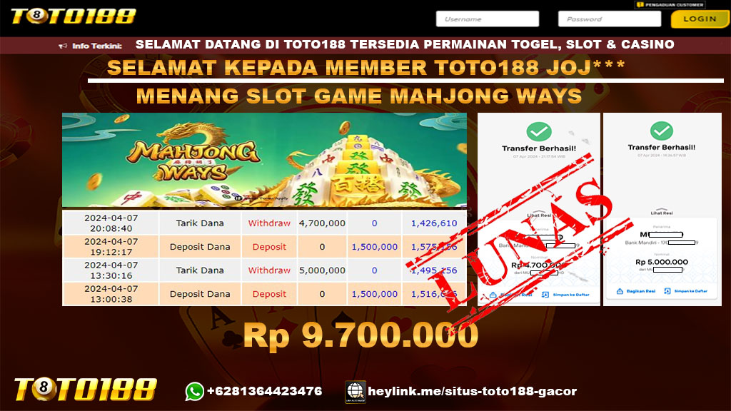 Bukti jp kemenangan MAhjong ways toto188 07 april 2024