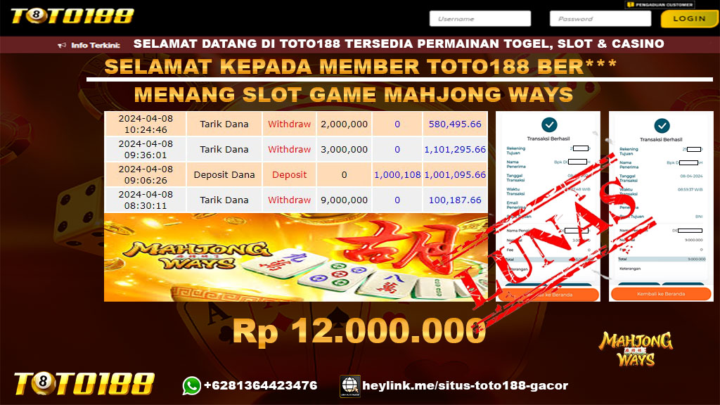 Bukti Jp Kemenangan Mahjong Ways Toto188 08 April 2024