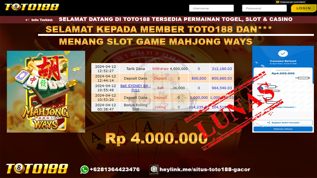 Bukti Jp Kemenangan Mahjong Ways Toto188 12 April 2024