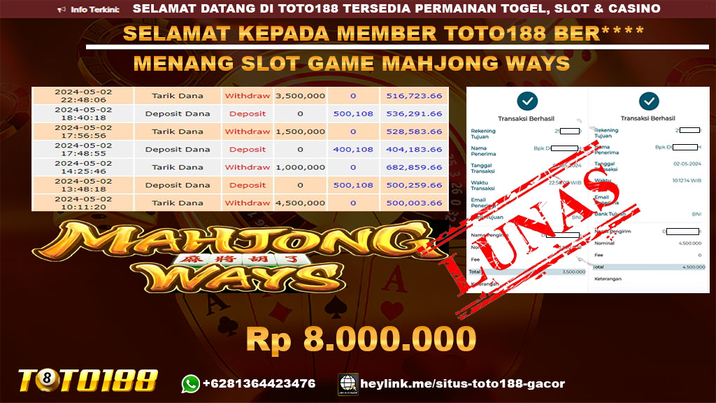 Bukti Jp Kemenangan Mahjong ways toto188 2 mei 2024