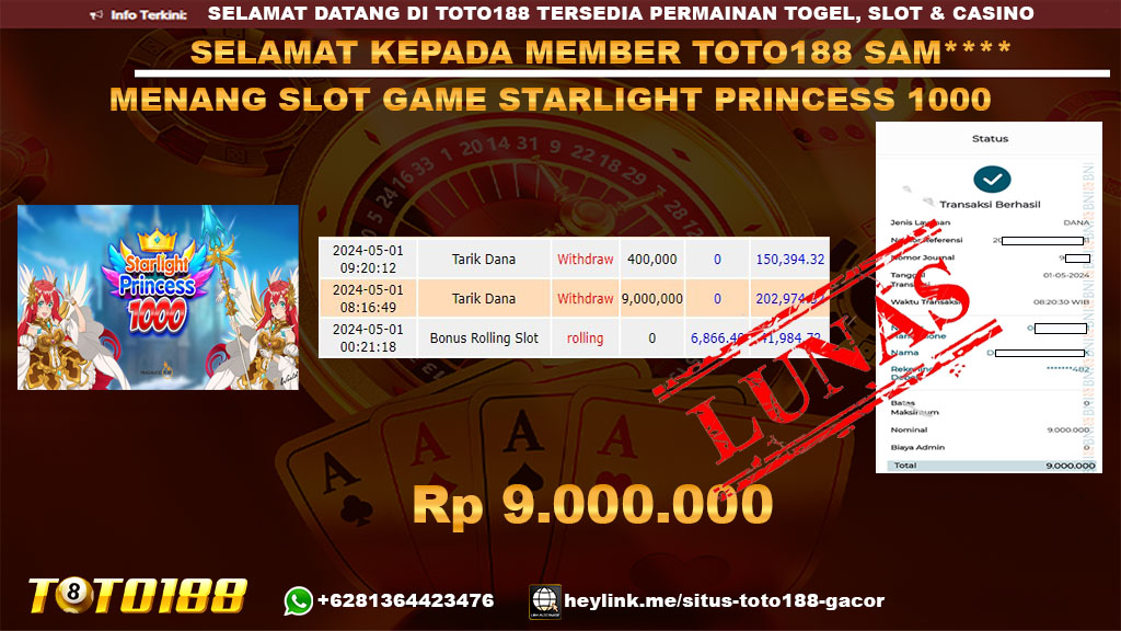 Bukti Jp kemenangan Slot game starlight princess 1000 01 mei 2024