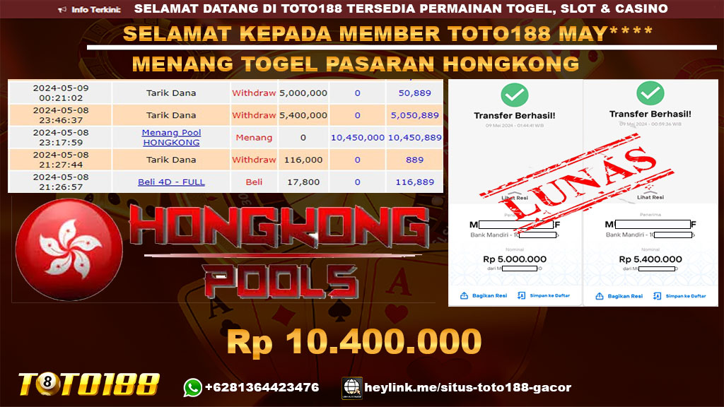 Bukti Jp Kemenangan Togel Pasaran Hongkong Toto188 8 mei 2024