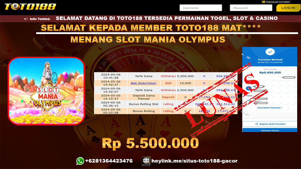 Bukti jp kemenangan slot mania olympus 6 mei 2024