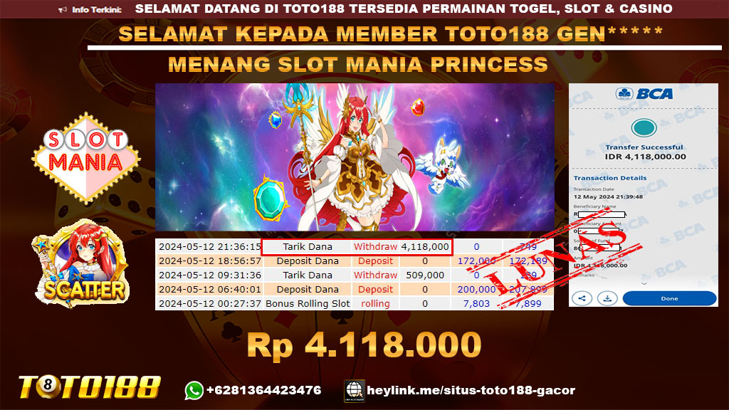 Bukti jp kemenangan slot mania princess 12 mei 2024