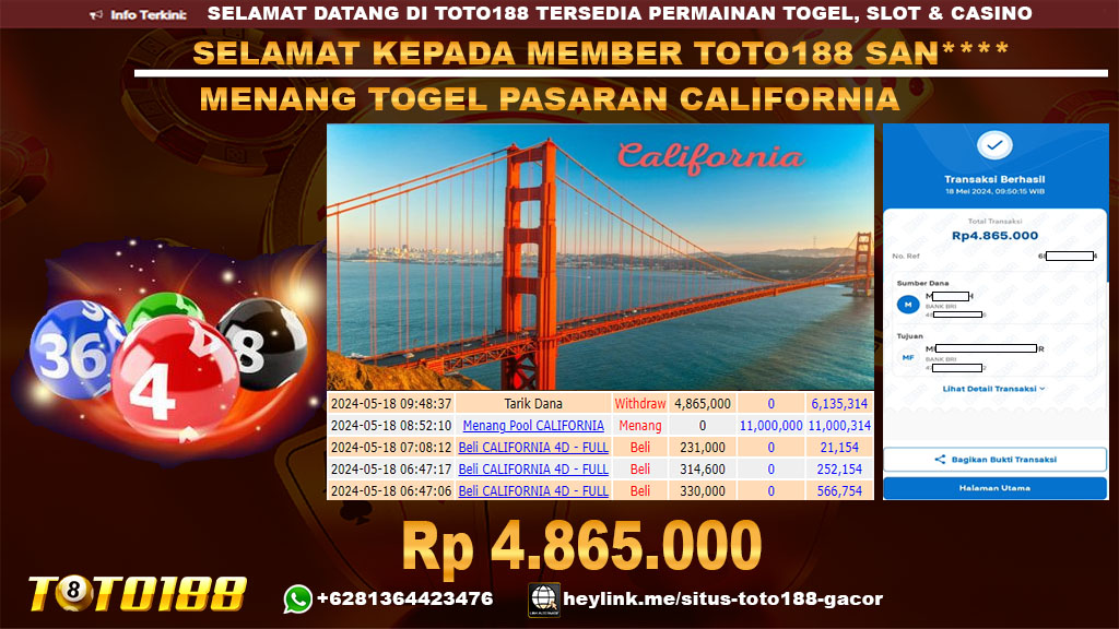 Bukti jp kemenangan togel pasaran california 18 mei 2024
