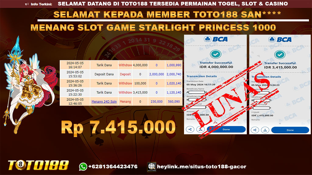 Bukti jp kemenangan slot game starlight princess 1000 5 mei 2024