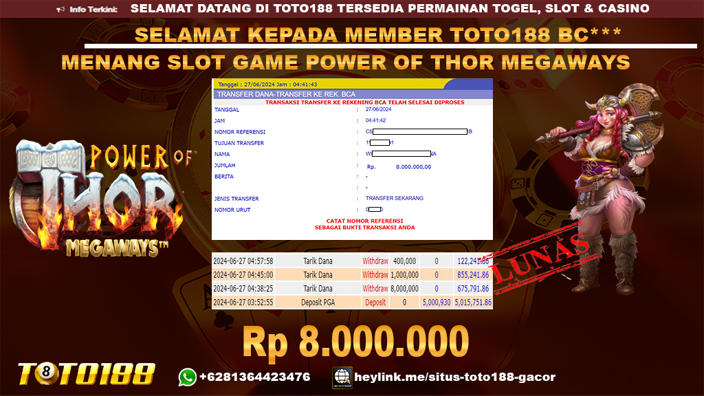 Bukti jp kemenangan slot game power of thor megaways 27 juni 2024