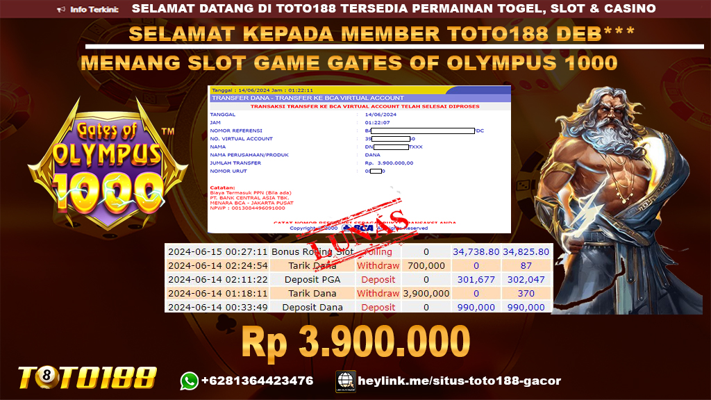 Bukti jp kemenangan slot game gates of olympus 1000 14 juni 2024